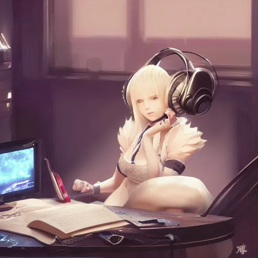 Image similar to a blonde miqo'te sitting in front of a computer wearing headphones, final fantasy xiv, in the style of greg rutkowski, fantasy, amazing detail, epic, elegant, smooth, sharp focus