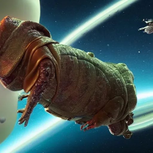 Prompt: seth rogen riding a tardigrade in space, 8 k, highly detailed, unreal engine render