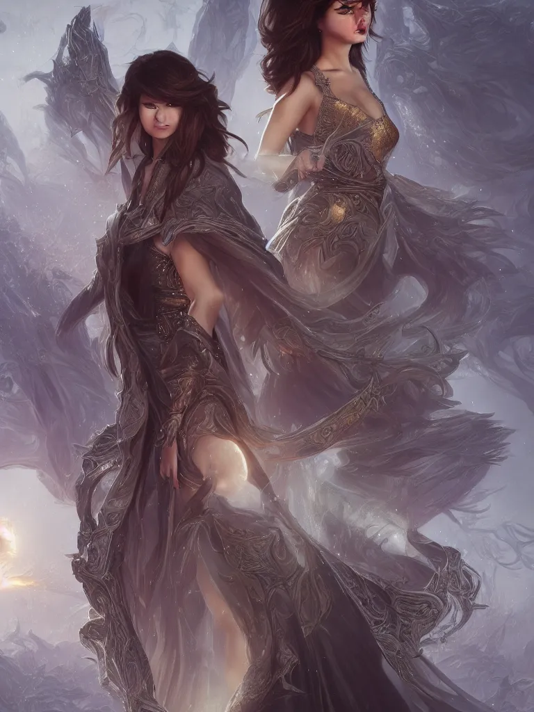 Image similar to Selena Gomez casting an frost spell, D&D, fantasy, intricate, elegant, highly detailed, digital painting, artstation, concept art, matte, sharp focus, illustration, hearthstone, art by Artgerm and Greg Rutkowski and Alphonse Mucha