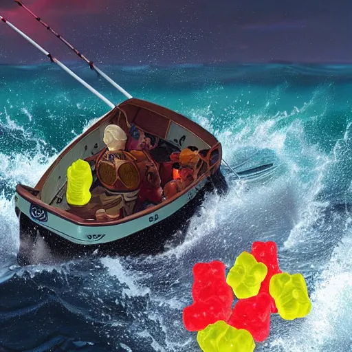 Prompt: life - sized gummi bear is deep sea fishing in a sportfisherman boat. he is fishing for swedish fish candy and using gummi worm candy as bait. photorealistic digital art, epic fantasy, dramatic lighting, cinematic, extremely high detail, cinematic lighting, trending, artstation, cgsociety, 3 d ue 5, 4 k, hq