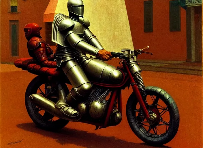 Image similar to knight in armor sitting on a motorcycle, rome, highly detailed, soft lighting, elegant, works by edward hopper and james gillard, zdislaw beksinski, stephen outram, andreas m wiese, highly detailed