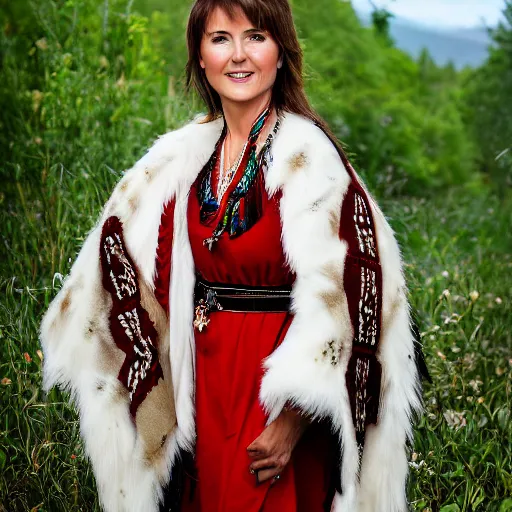 Prompt: lucy lawless alizee jacotey, thin and curvaceous, pointy nose, brown eyes, sapmi folk dress. full body portrait photography, canon eos 7 d