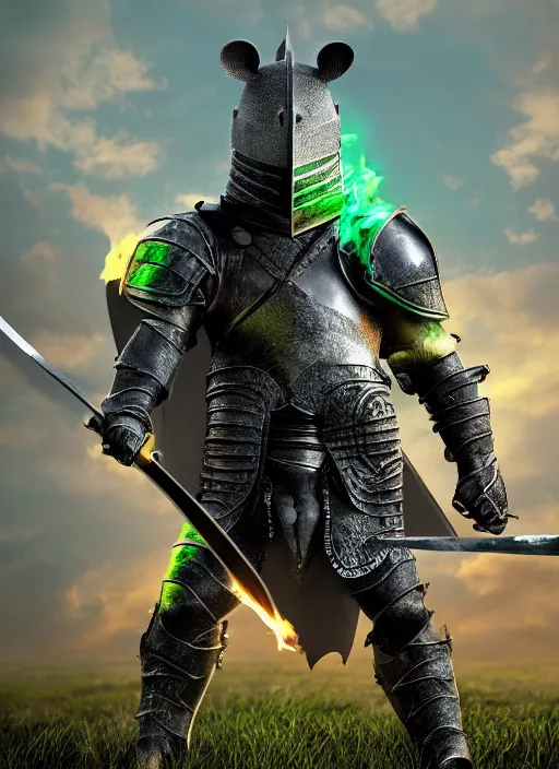 Image similar to full body portrait of half rat knight holding a great sword made of fire, anthropomorphic, hyper realistic, high detail, photo realistic, cinematic lighting, rendering by octane, spot lighting, in a open field, high quality, coherent. green hue armor