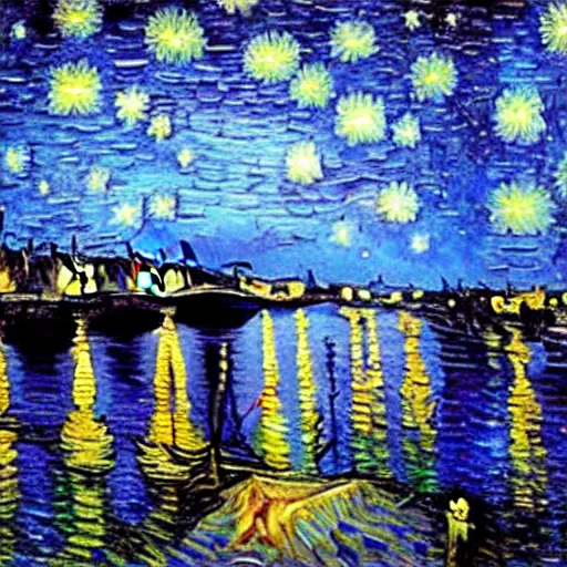 Prompt: a painting of a starry night over a city by vincent van gogh, featured on pixiv, post - impressionism, impressionism, painterly, detailed painting