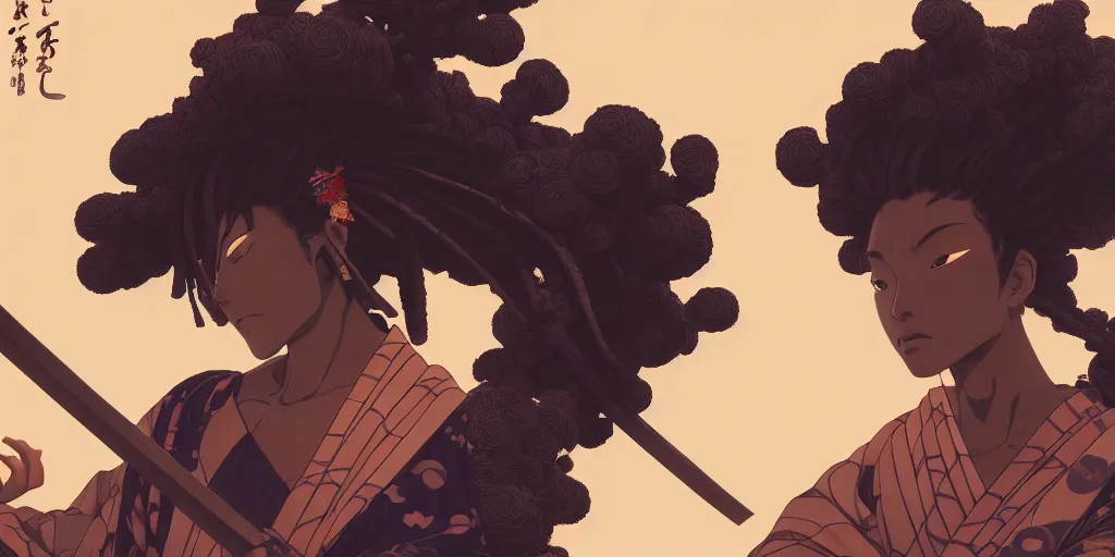 Prompt: samurai with afro, prism highlights, brown skin, model, depth of field, cinematic, macro, concept art, art station, wepa digital, digital painting, elegant, epic, focus, octane render, v-ray, 8k, C4D, art by Katsushika Hokusai