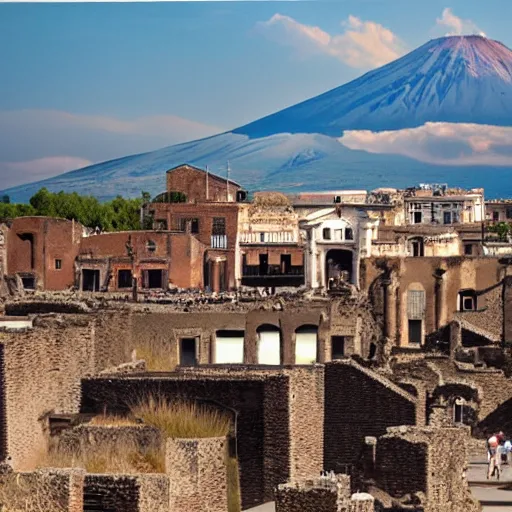 Image similar to photoreal image of pompeii just before the volcano explodes