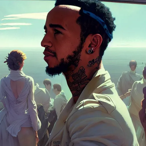 Image similar to highly detailed vfx portrait of lewis hamilton, stephen bliss, greg rutkowski, loish, rhads, beeple, makoto shinkai, tom bagshaw, alphonse mucha, sharp focus, art by artgerm and greg rutkowski, stanley kubrick, backlit, harsh overhead sunlight,