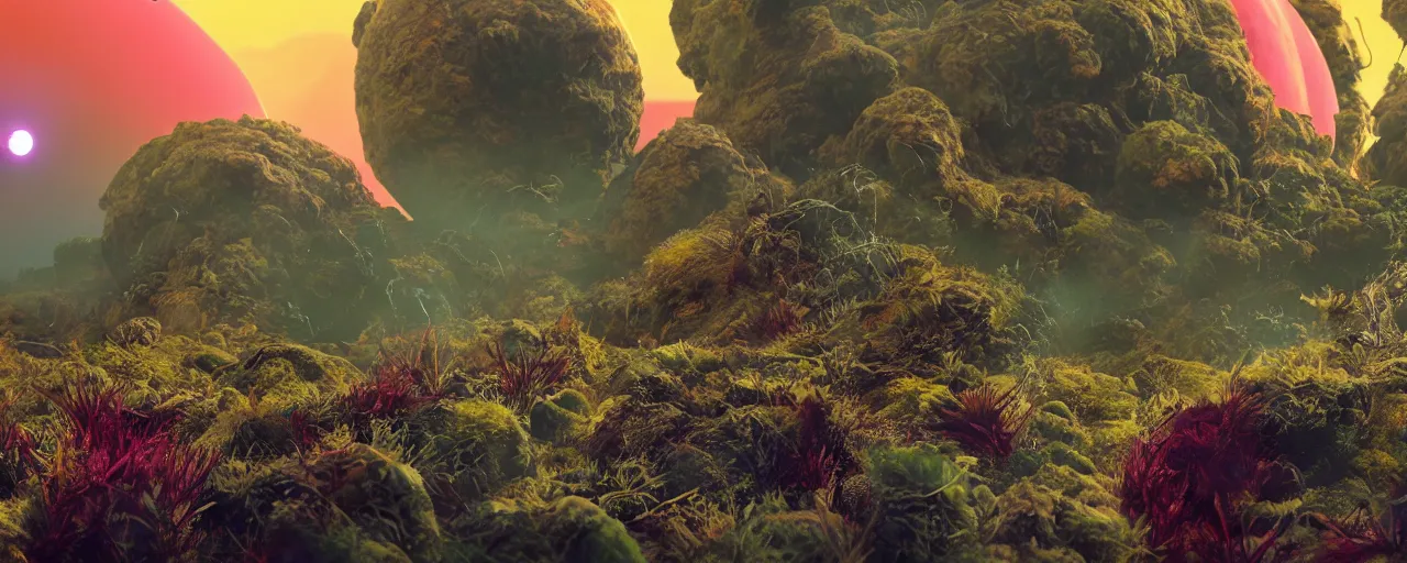 Prompt: ” outer planet with strange alien vegetation, [ colourful, cinematic, detailed, epic, widescreen, opening, establishing, mattepainting, photorealistic, realistic textures, octane render ] ”