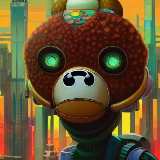 Image similar to cheburashka futurama cyberpunk portrait by gaston bussierre and charles vess and james jean and erik jones and rhads, inspired by rick and morty, epic, funny, huge scale, beautiful fine face features, intricate high details, sharp, ultradetailed