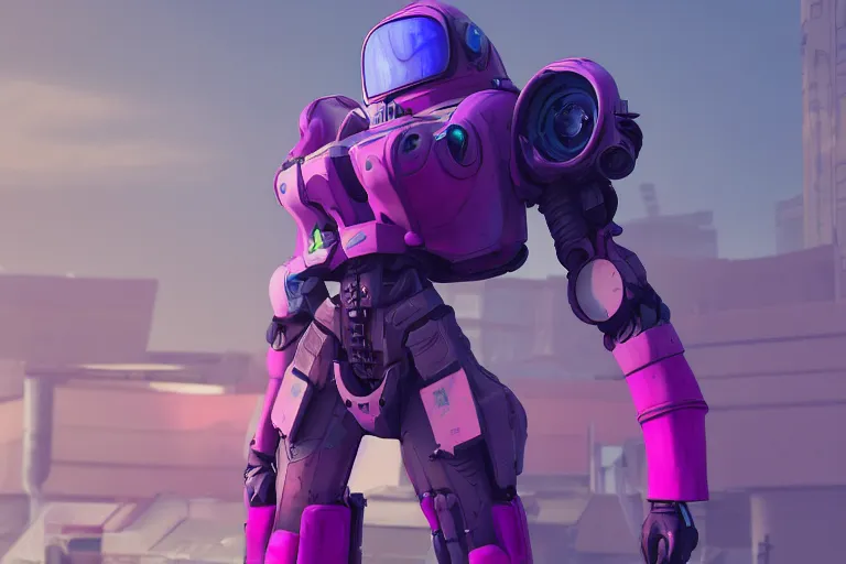 Image similar to a beautiful woman, piloting a mech. Pink and blue color scheme. Scifi city street background. In the style of Arcane by fortiche. Marmoset Toolbag, zbrush, substance painter.