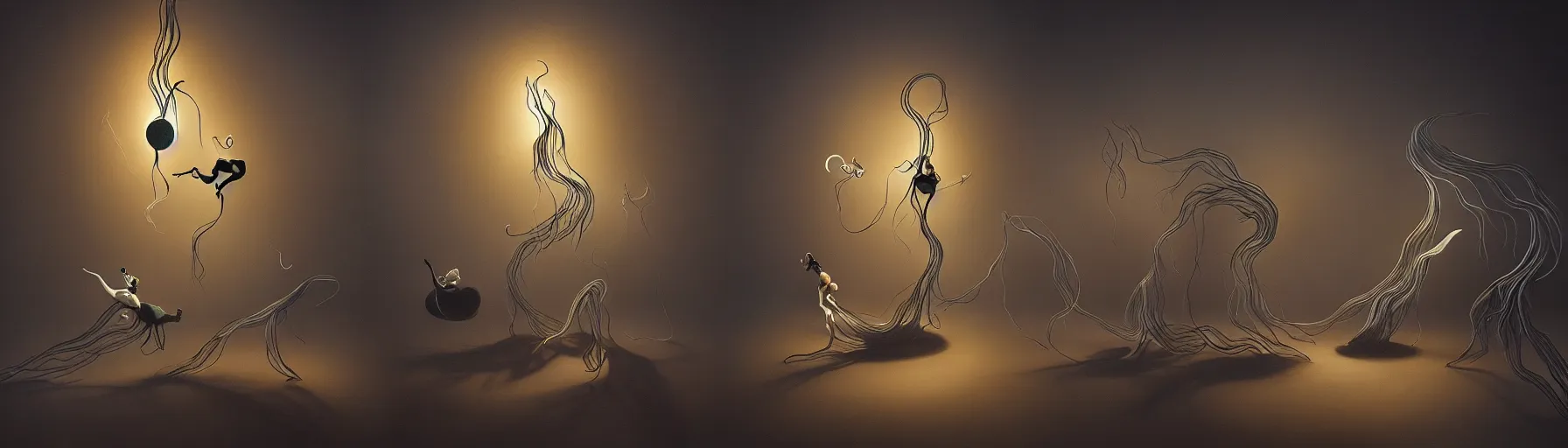 Image similar to whimsical creatures with flagella shaped like yin yangs from the depths of the collective unconscious, dramatic lighting, surreal darkly painting by ronny khalil