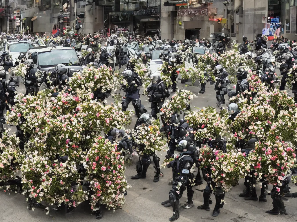 Image similar to riot police covered in flowers