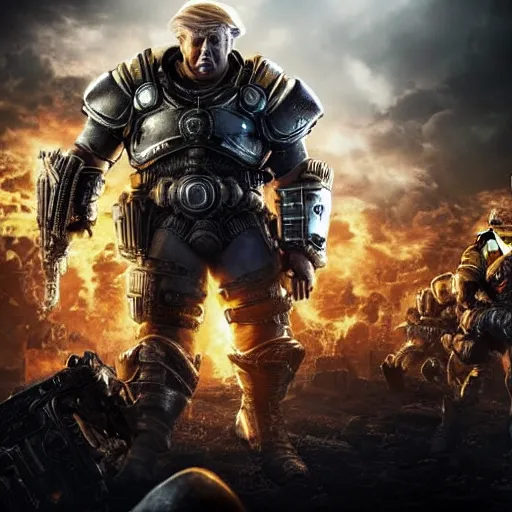 Image similar to Photo portrait of Donald Trump as Crusader!! in Gears of War, splash art, movie still, detailed face, photorealistic facial features, cinematic lighting, dramatic, octane render, long lens, shallow depth of field, bokeh, anamorphic lens flare, 8k, hyper detailed, 35mm film grain