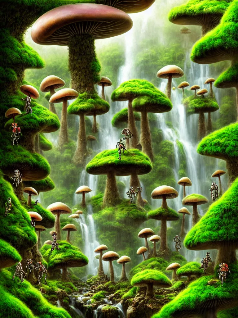 Prompt: future robot android primate in forrest of giant mushrooms, moss and flowers stone bridge waterfall. muted colors. by jean james mccarthy. by tim white. in the style of raffaello ossola. highly detailed. award winning. trending on artstation