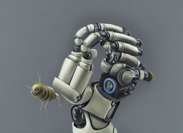 Prompt: a robot hand touches a snail, realistic painting, digital art, trending on artstation