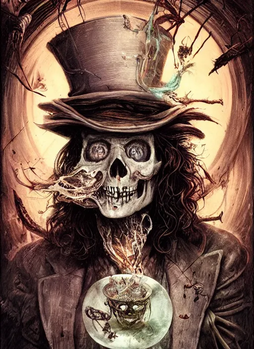 Image similar to mad hatter death tarot card, highly detailed, half skull face, cinematic, 8 k, by stanley artgermm, tom bagshaw, greg rutkowski, carne griffiths, ayami kojima, beksinski, giger, trending on deviantart, hyper detailed, horror, full of colour