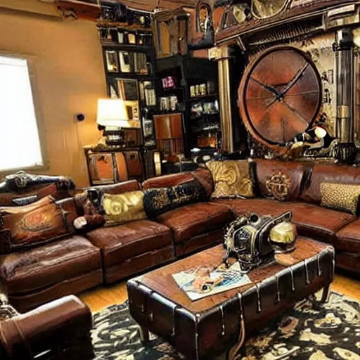 Prompt: a steampunk themed living room