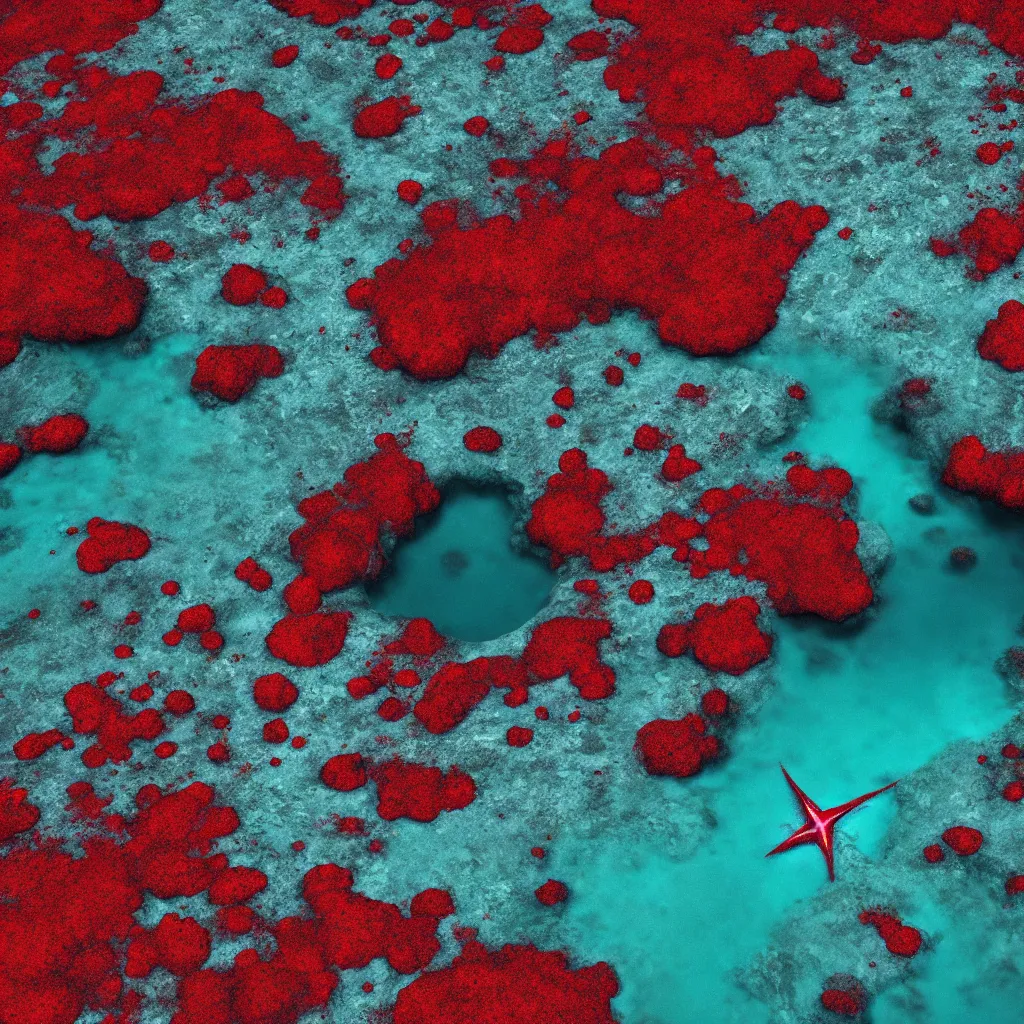 Image similar to bright red starfishes in a crater filled with bright blue water surrounded by bright green algae and grey rocks, Death Valley, octane render, 35mm, sci-fi cinematic movie still