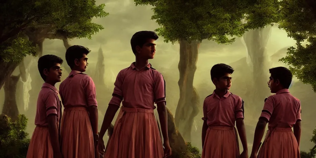Prompt: kerala school boys wearing girls dresses posing for a photo, an epic fantasy, dramatic lighting, cinematic, establishing shot, extremely high detail, photorealistic, cinematic lighting, artstation, matte painting by christopher nolan, horizon forbidden west