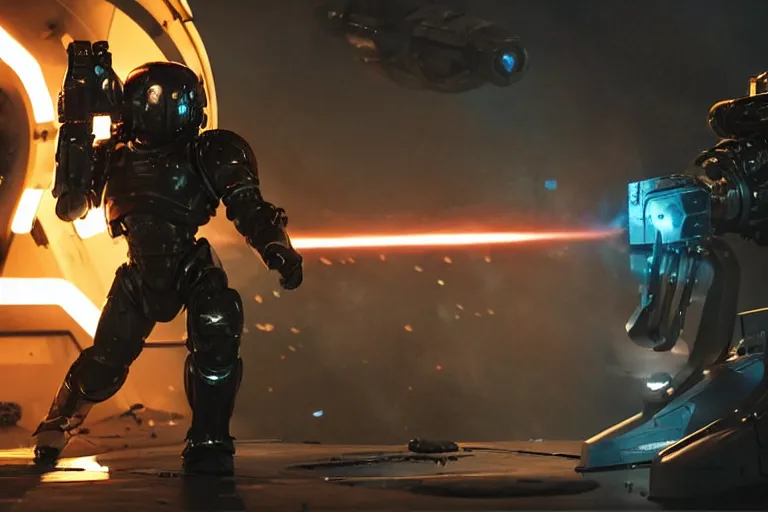 Image similar to VFX movie of a futuristic inhuman alien spacemarines in future spaceship, firing gun at space pirates detailed creature skin neon lighting by Emmanuel Lubezki