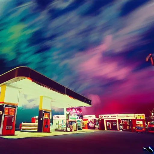 Prompt: film photography of a 1940s gas station at night in front of colourful underwater clouds by Kim Keever, low shutter speed, 35mm