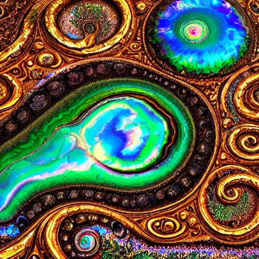 Image similar to Art Nouveau cresting oil slick waves, hyperdetailed bubbles in a shiny iridescent oil slick wave, ammolite, detailed giant opalized ammonite shell, black opal, abalone, paua shell, ornate copper patina medieval ornament, rococo, oganic rippling spirals, octane render, 8k 3D, druzy geode, cresting waves and seafoam