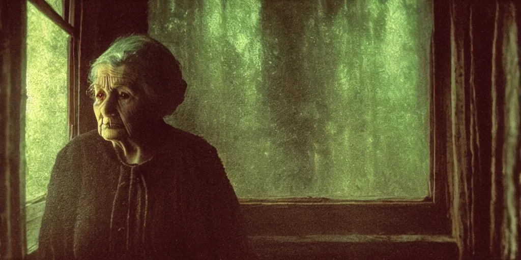 Prompt: portrait bust of old woman, solemn expression, faded color film, russian cinema, tarkovsky, kodachrome, inside old cabin, next to window, heavy forest outside, long brown hair, old clothing, heavy fog, green brown color palette, hudson river school, 4 k, dramatic lighting, greg rutkowski