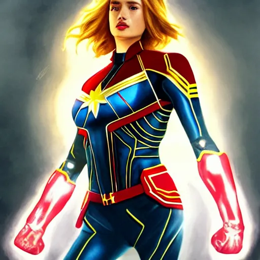 Prompt: ultra realistic illustration, bella thorne as captain marvel, intricate, elegant, highly detailed, digital painting, artstation, concept art, smooth, sharp focus, illustration, art by artgerm and greg rutkowski and alphonse mucha