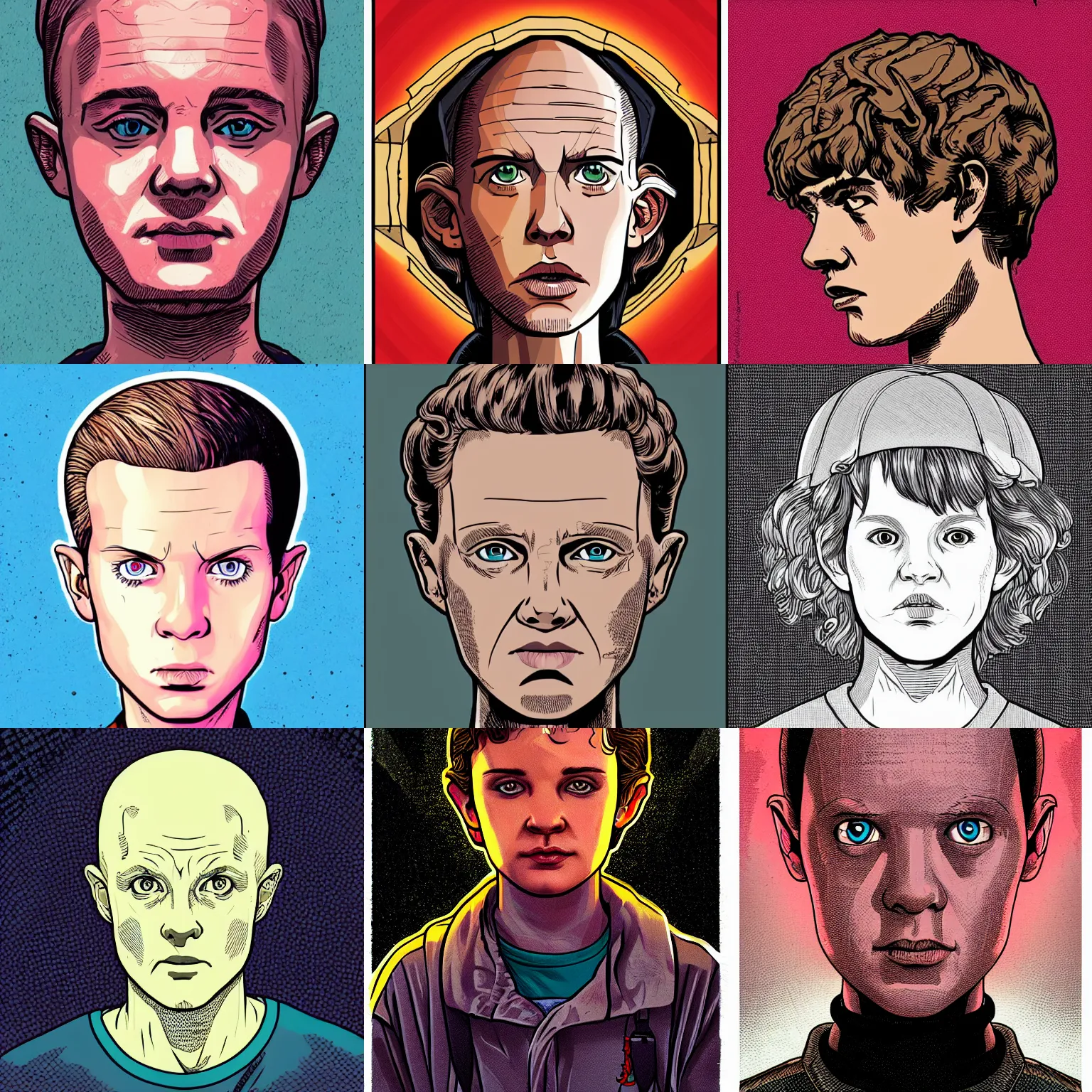 Prompt: centered cell shaded! head portrait of eleven from stranger things llustration, art by laurie greasley