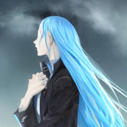 Prompt: side profile of rimuru tempest with sky blue hair, long hair, sharp face, gold eyes, high collar, black jacket | shiny, highly detailed, rain, professional digital painting, concept art, award - winning photography, cinematic, wlop | art by pixiv art, yoshitaka amano, deviantart