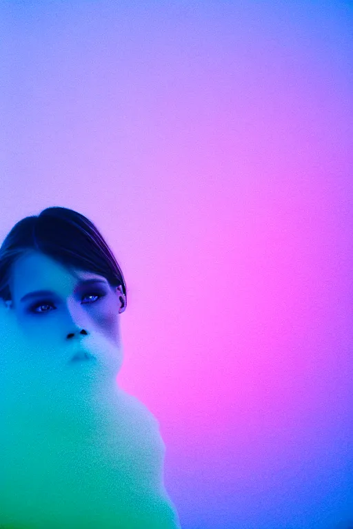 Image similar to high quality pastel coloured film close up wide angle photograph of a model wearing clothing resting on cloud furniture in a icelandic black rock!! environment in a partially haze filled dreamstate world. three point light, rainbow. photographic production. art directed. pastel colours. volumetric clouds. pastel gradient overlay. waves glitch artefacts. extreme facial clarity. 8 k. filmic.