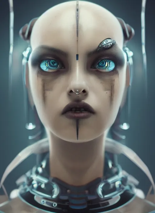 Prompt: beautiful portrait of an alien cyborg, style of Feng Zhu, Artstation geometric, aesthetic, big eyes, smooth skin, gothic make up, unique features, symmetrical, intricate crown, high fashion, streetwear, cyberpunk, detailed, octane render, cinematic, 8k, brown skin, retro sci fi film,