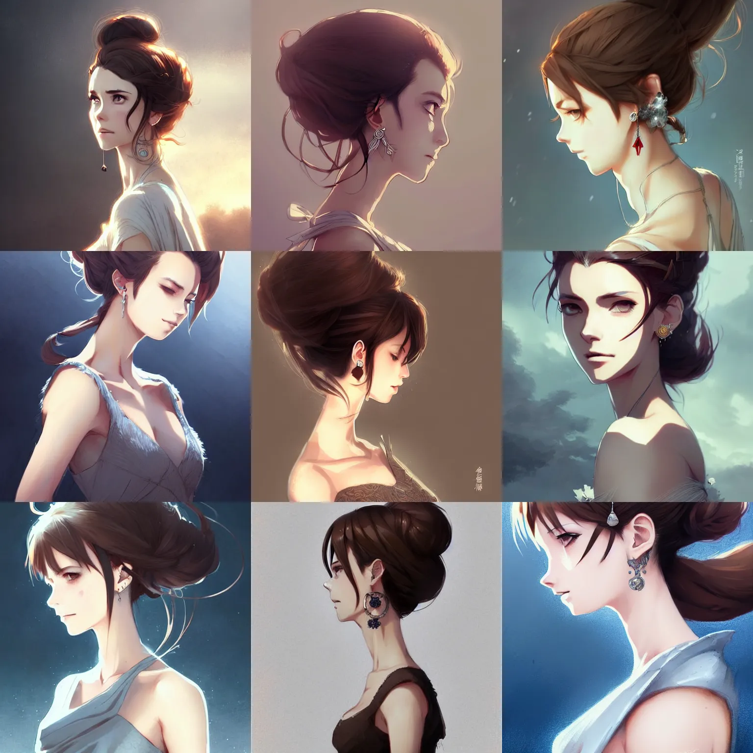 Prompt: beautiful woman with brown hair in a bun, pretty silver earring, wearing an elegant dress, in the style of greg rutkowski, anime artstyle, intricate, sharp colors