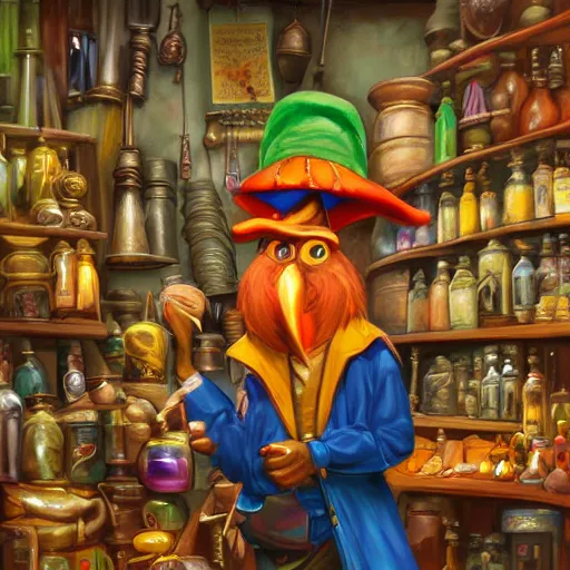 Image similar to Oil painting of Anthropomorphized parrot trader in his shop, shelves full, selling a gem, portrait, items, magic potions, carpet, window, fancy funny hat, sly expression , cunning expression, cute expression, presenting magic gem, D&D, fantasy, cinematic lighting, highly detailed, digital painting, artstation, concept art, smooth, sharp focus, illustration, warm light, cozy warm tint, magic the gathering artwork, volumetric lighting, 8k, no gold, no gold colours, art by Akihiko Yoshida and Greg Rutkowski