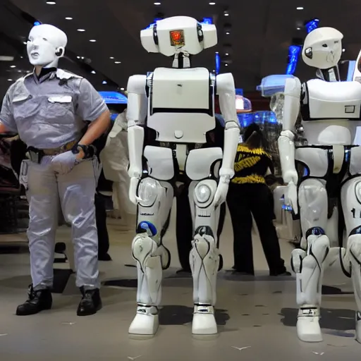 Prompt: Masculine Police Robots Strike Macho Poses in a Futuristic Shopping Mall