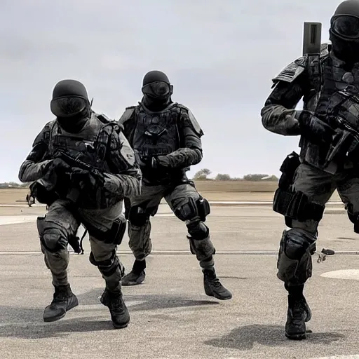Image similar to Special Forces in grey uniform with black body armor evacuating an LZ in 2022, photo by Adam Ferguson, Pulitzer Winning, cinematic composition, breathtaking, modern, 2022