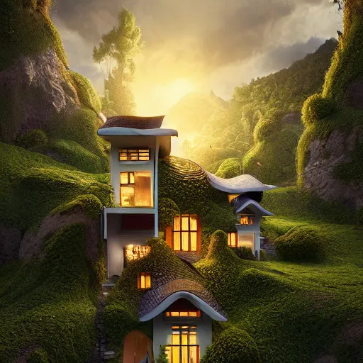 Prompt: ! dream small hillside house made of honey and milk, modern lighting, hyper - realistic, hyper - detailed, 8 k, octane rendered, art nouveau, organic, flowing, impossible torsion, writhing, dusk, lush, dynamic, in the style of ross tran