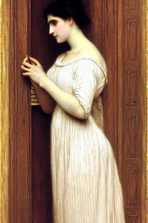 Prompt: lady in thought by auguste toulmouche and bouguereau, perfect detailed eyes, beautiful hands, pale skin, blonde hair, leaning on door