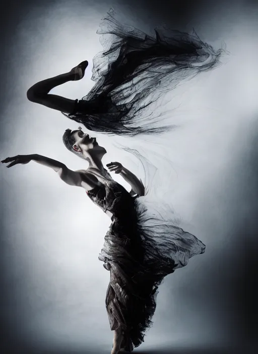 Image similar to a photorealistic dramatic hyperrealistic render of a glamorous beautiful female smoke dancer by ken brower and deborah ory of nyc dance project, lois greenfield, flowing cloth and smoke, beautiful dynamic dramatic dark moody lighting, volumetric, shadows, cinematic atmosphere, octane render, 8 k