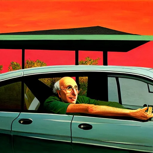 Prompt: larry david on roof of 2009 prius, edward hopper painting