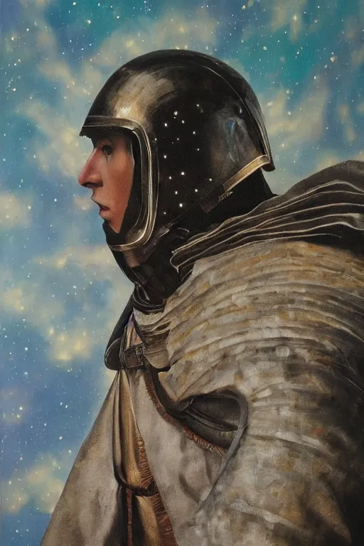 Image similar to hyperrealism oil painting, close - up portrait of caucasian medieval fashion model, knight, steel gradient mixed with nebula sky, in style of baroque mixed with 7 0 s japan book art