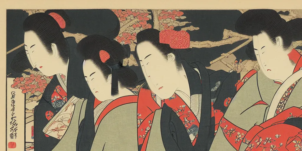 Image similar to ukiyo - e woodblock print of a geisha and a samurai inside a bedroom, by hokusai