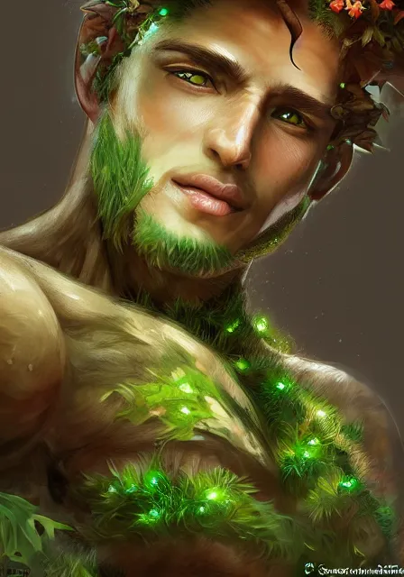 Image similar to A realistic anime portrait of a handsome buff dryad with glowing green eyes and tree bark skin wearing clothes made of leaves, digital painting, by Stanley Artgerm Lau, Sakimichan, WLOP and Rossdraws, digtial painting, trending on ArtStation, SFW version