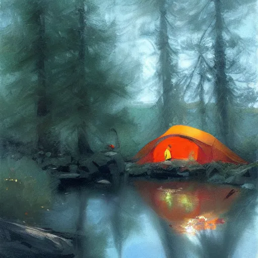 Camping tent in the pine forest Original watercolor painting