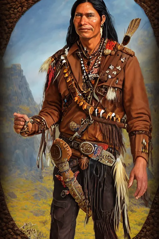 Image similar to fantasy western character portrait of a thin native american indian man in his early 3 0 s, wearing traditional cargo buckskin jacket buckskin tactical toolbelt pockets bandolier full of trinket and baubles, steampunk arcane shaman, deadlands, weird west, by steve henderson, sandra chevrier, alex horley