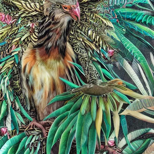 Image similar to photo of an intricate jungle scene showing a bird with six arms, covered in feathers. extreme detail, hyperrealistic photo, gloomy