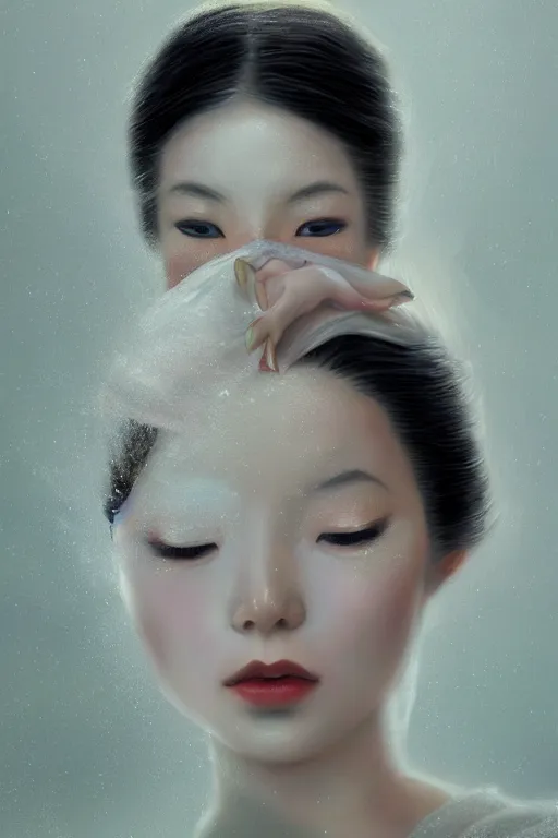 Image similar to geisha prima ballerina, gorgeous, ethereal, close-up portrait, intricate, elegant, volumetric lighting, scenery, digital painting, highly detailed, artstation, sharp focus, illustration, concept art, ruan jia, steve mccurry