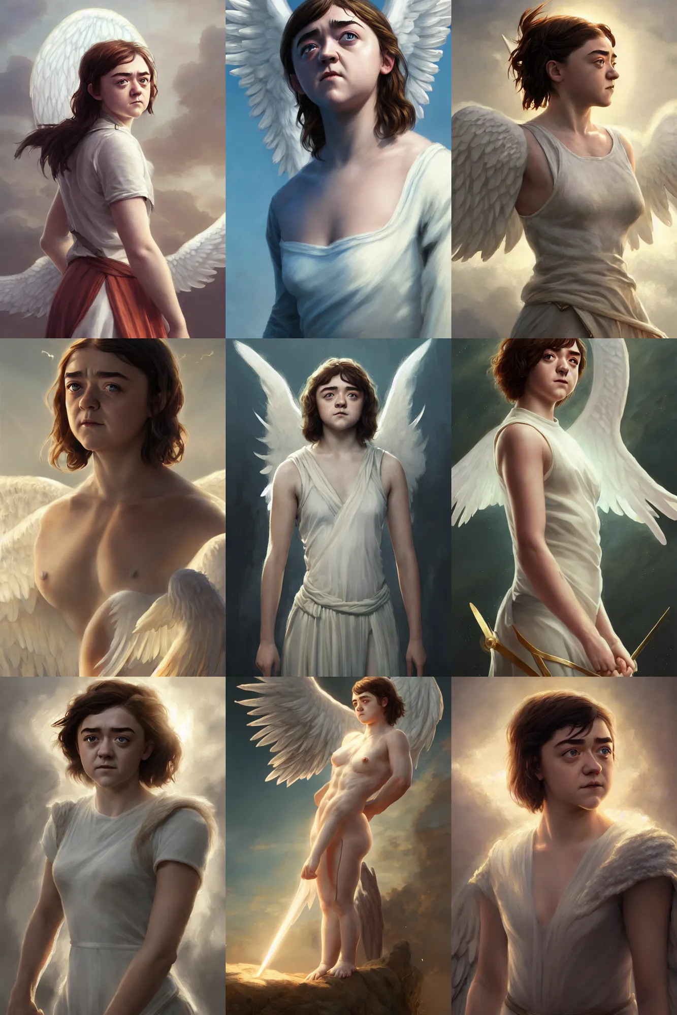 Prompt: maisie williams as a heavenly angel, anatomy, bathing in light, highly detailed, photorealistic, artstation, smooth, sharp focus, illustration, unreal engine 5, 8 k, art by artgerm and greg rutkowski and edgar maxence