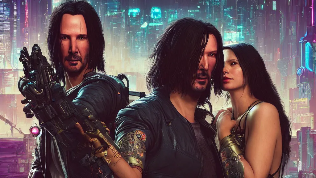 Image similar to a cyberpunk 2077 srcreenshot couple portrait of Keanu Reeves female android in hug,love,film lighting,by Laurie Greasley,Lawrence Alma-Tadema,Dan Mumford,John Wick,Speed,Replicas,artstation,deviantart,FAN ART,full of color,Digital painting,face enhance,highly detailed,8K,octane,golden ratio,cinematic lighting