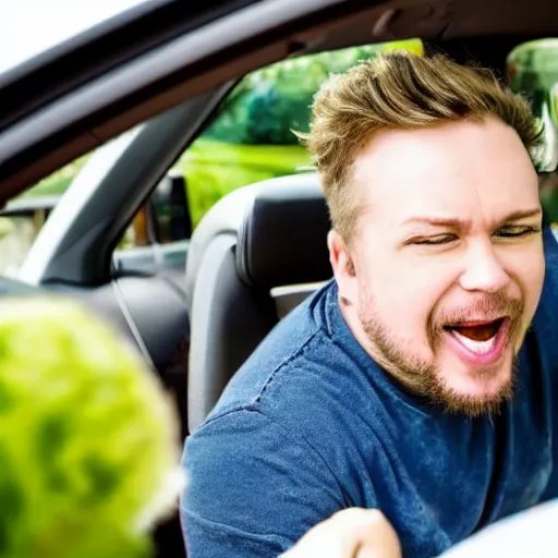 Image similar to food reviewer sitting in their car eating rotten flesh